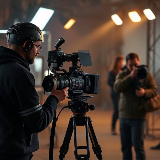 Professional film crew shooting a scene with high-quality equipment